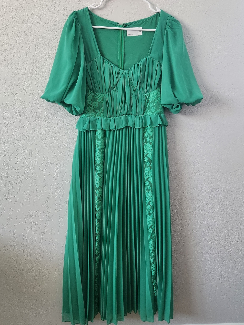 ASOS Emerald Green Pleated Midi Dress with Puff Sleeves